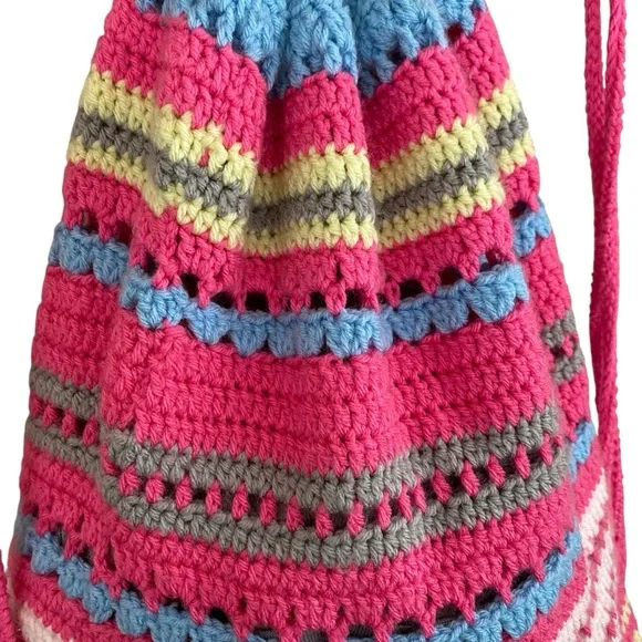 Handmade Boho Unique Crochet Colorful Striped Cinch Sak Backpack Handbag - Picture 3 of 8